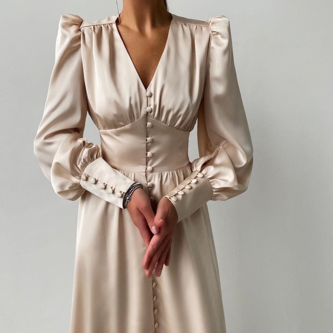V-Neck Lantern Sleeve Satin Button-Front A-Line Midi Dress 3