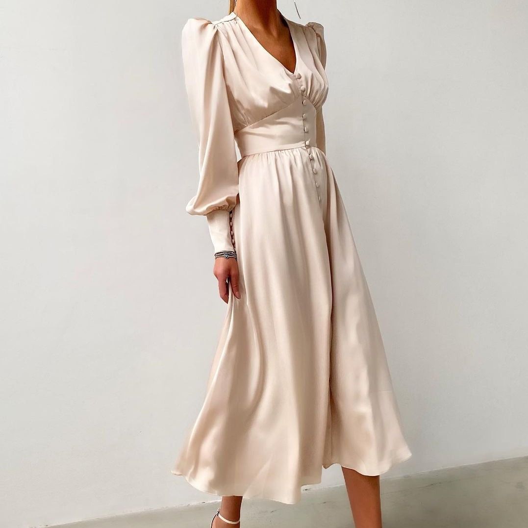 V-Neck Lantern Sleeve Satin Button-Front A-Line Midi Dress 5