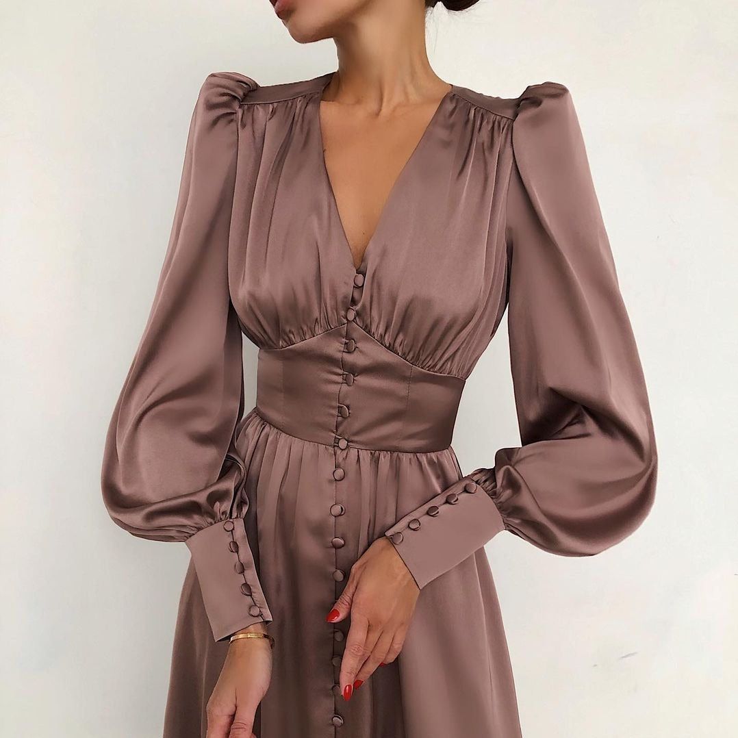 V-Neck Lantern Sleeve Satin Button-Front A-Line Midi Dress