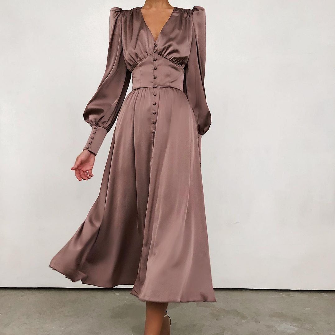 V-Neck Lantern Sleeve Satin Button-Front A-Line Midi Dress 2