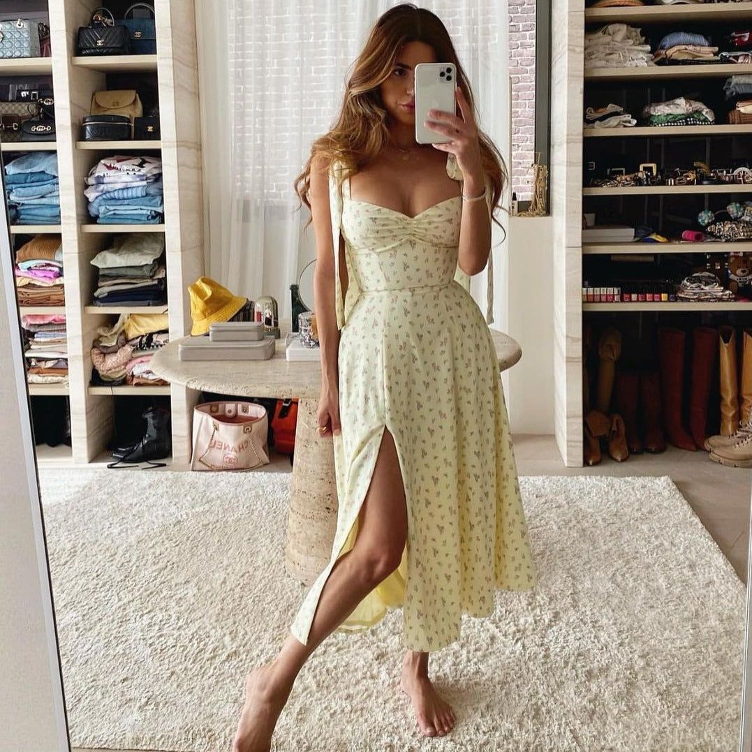 Yellow Sweetheart Tie Strap Floral Ruched Side Slit Maxi Dress