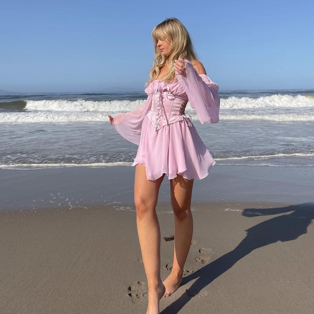 Off-Shoulder Puff Sleeve Lace-Up Corset Floral Chiffon Mini Dress