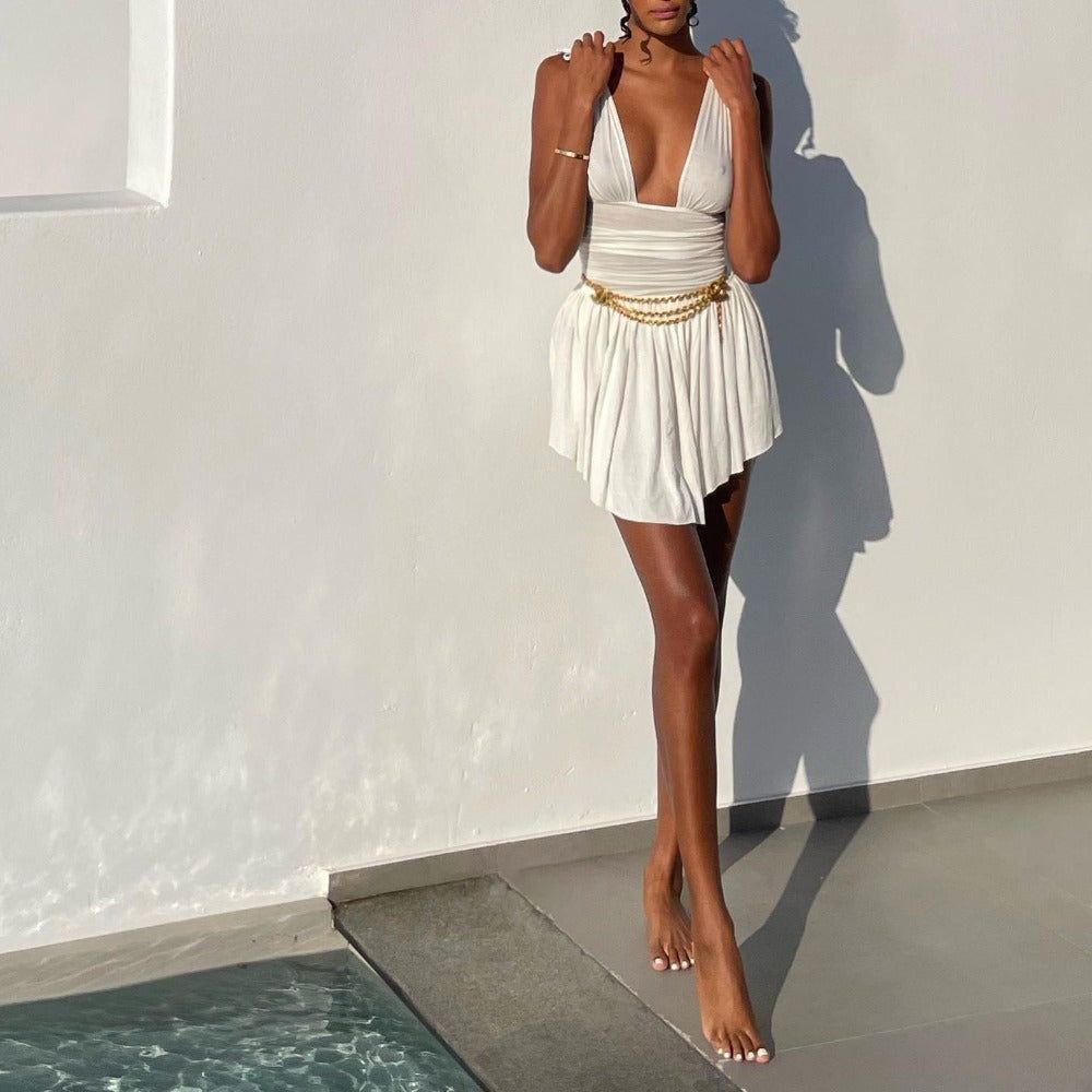White Plunge V-Neck Knotted Shoulder Ruched Draped Mini Dress