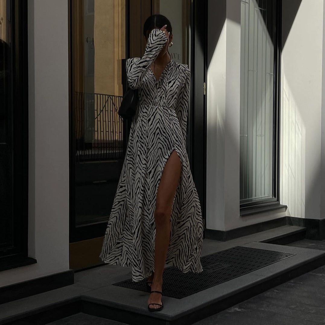 Zebra Collared Long Sleeve Animal Print Slit Shirt Maxi Dress