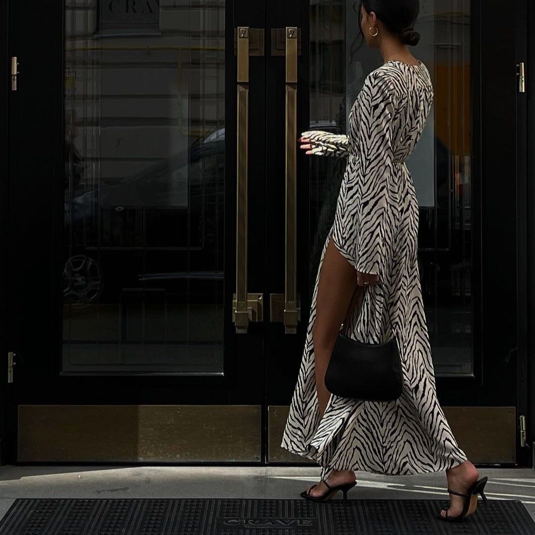 Zebra Collared Zebra Print Long Sleeve Flowy Maxi Dress