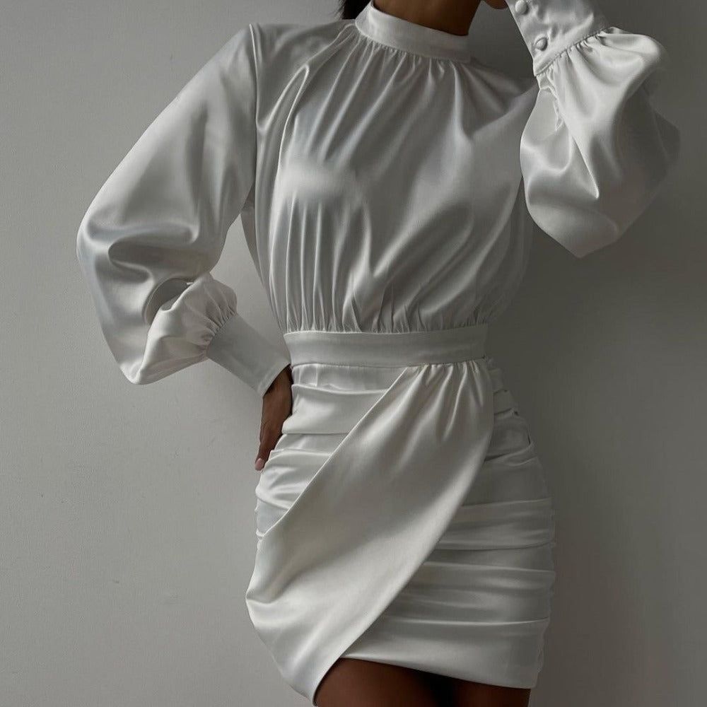 Mock Neck Satin Puff Sleeve Ruched Wrap Bodycon Mini Dress