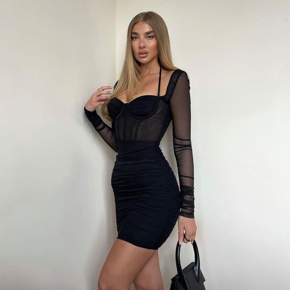 Halter Sweetheart Mesh Corset Ruched Long Sleeve Bodycon Mini Dress
