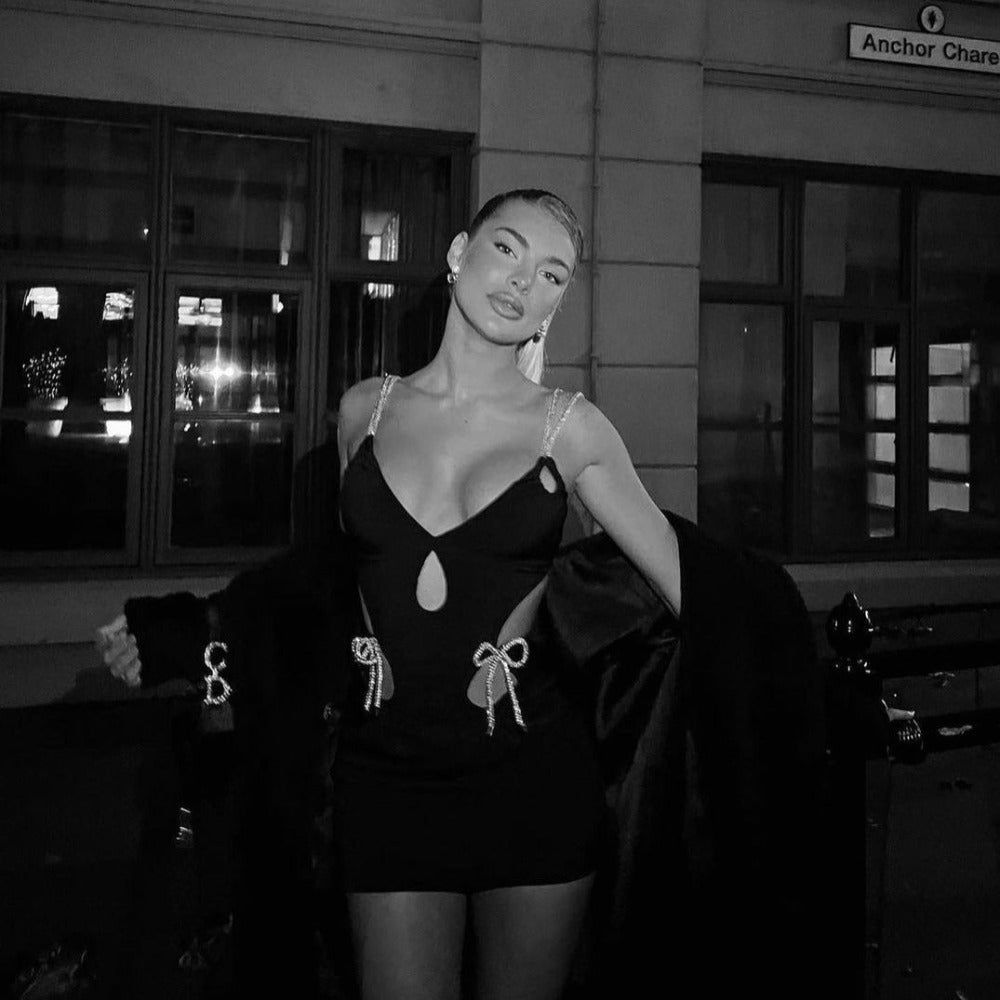 Black Rhinestone Strap Cutout Tie Bodycon Mini Dress