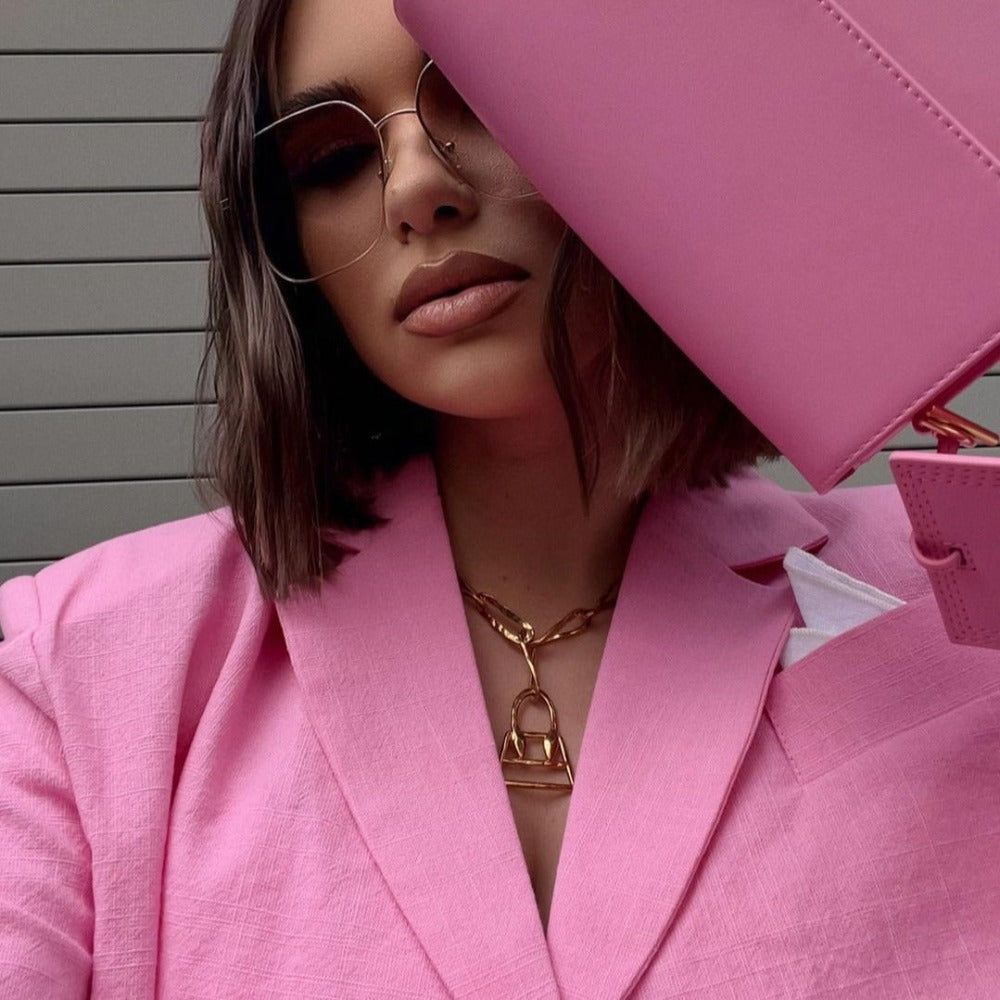 Pink Lapel Cropped Blazer Bralette Slit Mini Skirt Set
