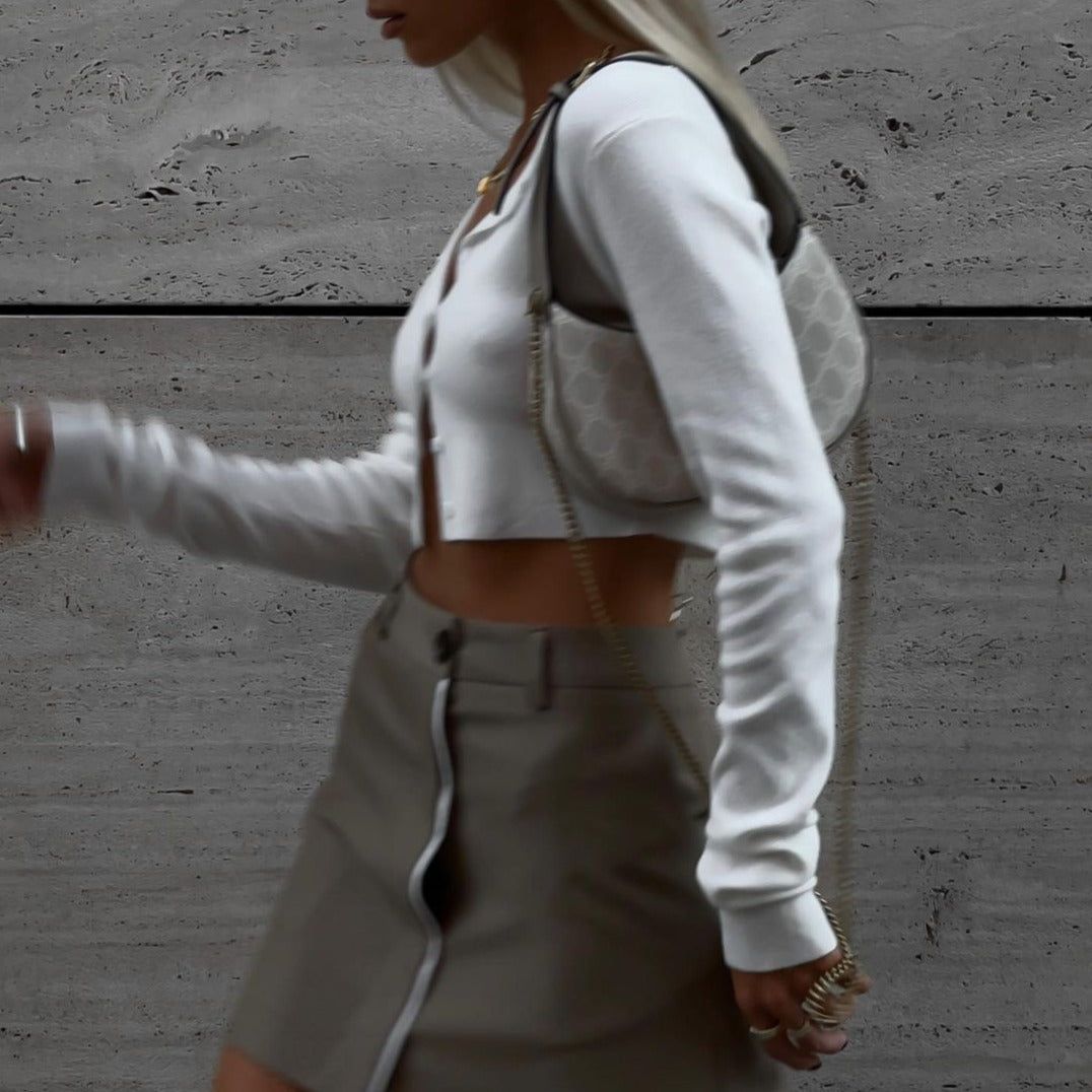 Round Neck Button Front Ribbed Knit Crop Cardigan