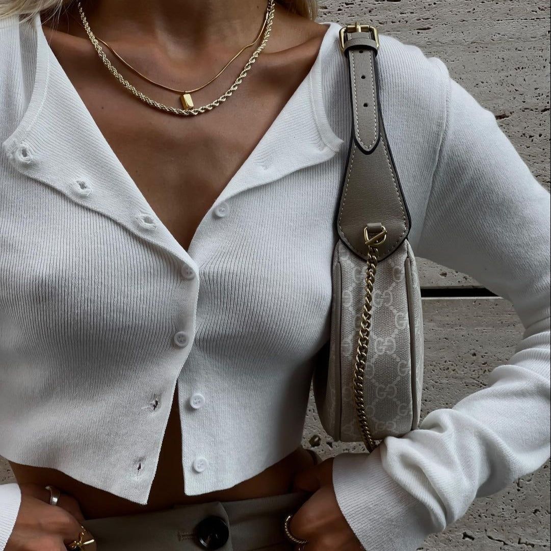Round Neck Button Front Ribbed Knit Crop Cardigan
