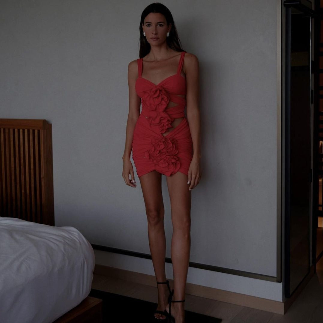 Red Spaghetti Strap Rosette Applique Ruched Cutout Bodycon Mini Dress