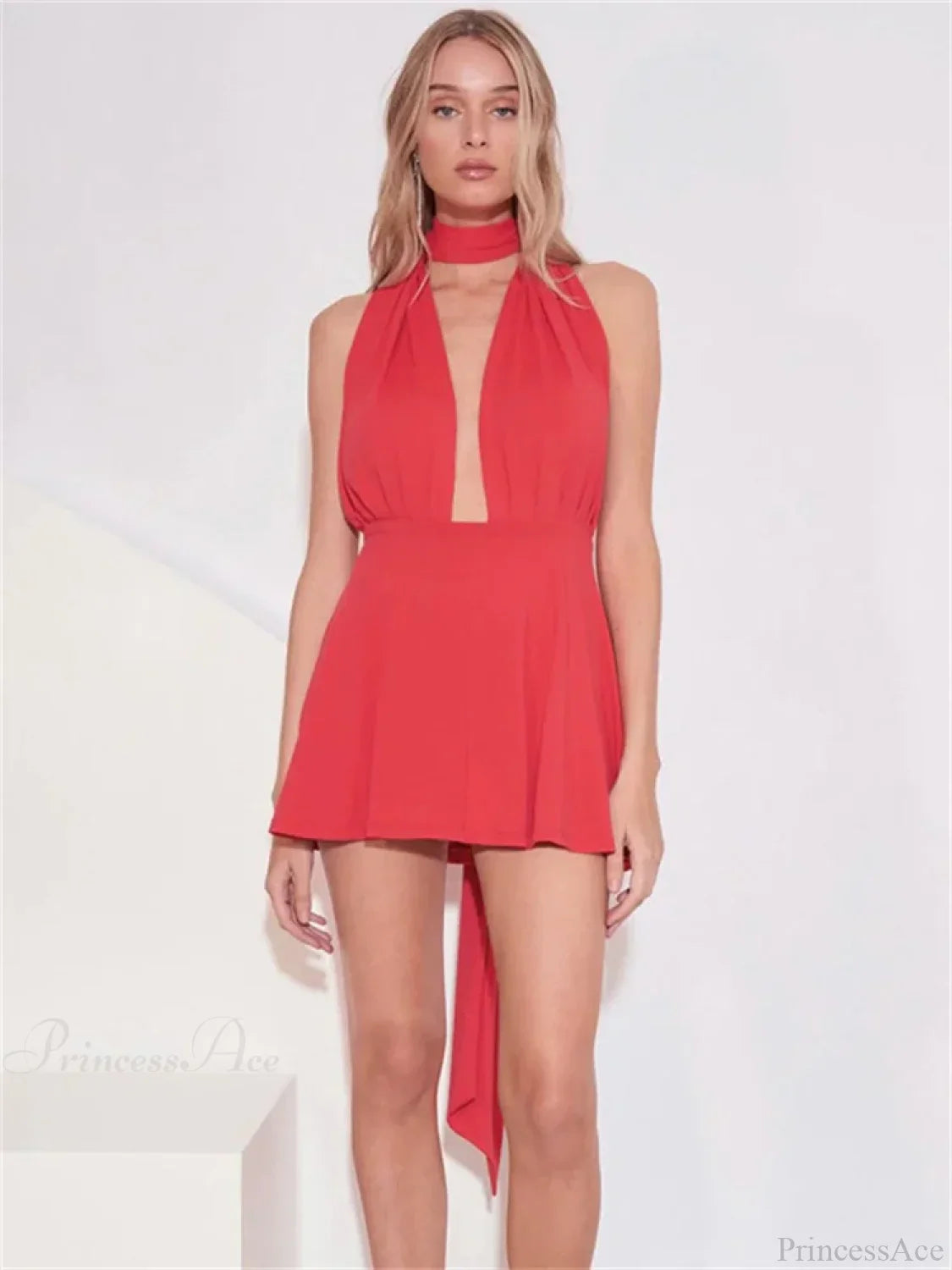 V-Neck Backless Bandage Mini Dress Red / S minidress-250223