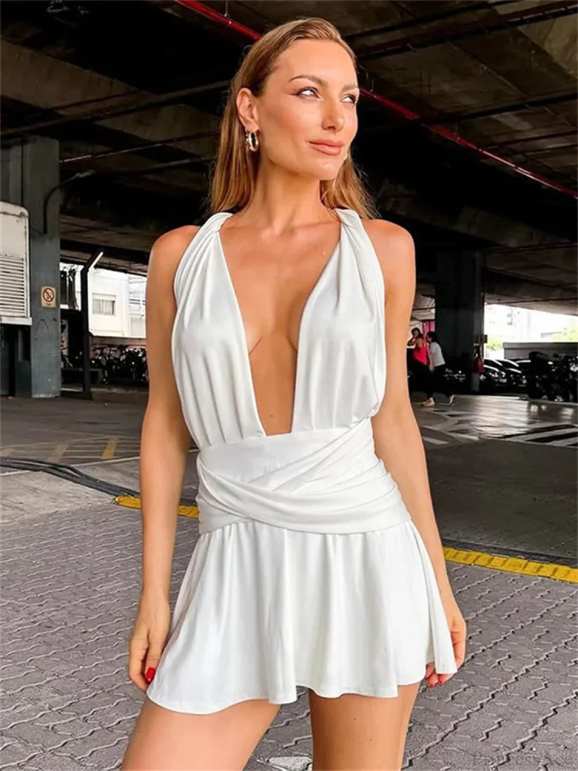 V-Neck Backless Bandage Mini Dress WHITE / S minidress-250223