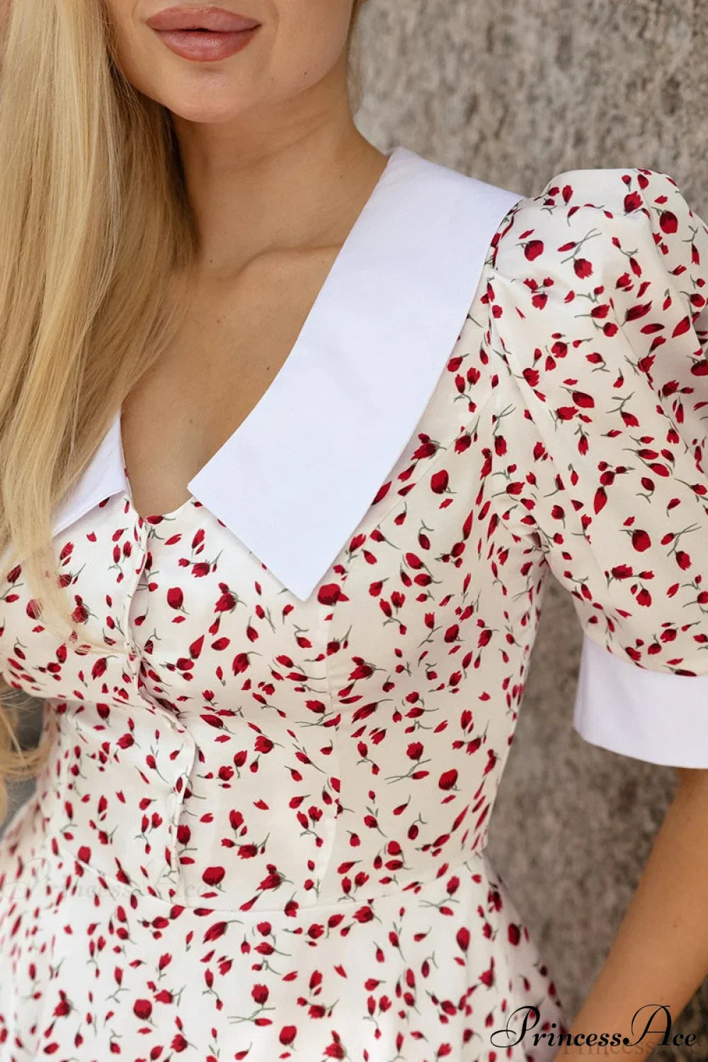 V-Neck Floral Puff Sleeve Babydoll Mini Dress