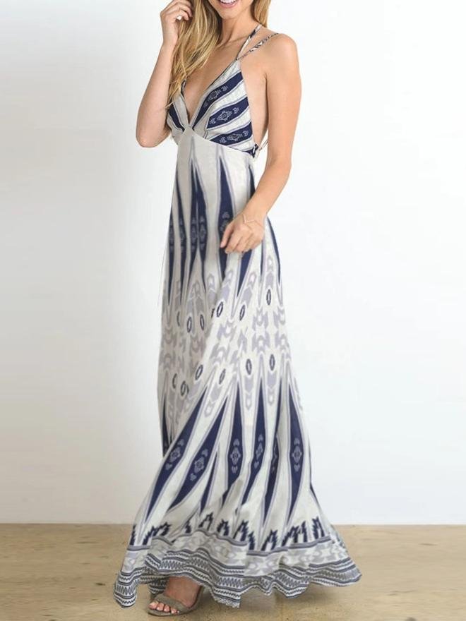 V neck Retro Print Suspender Long Dress