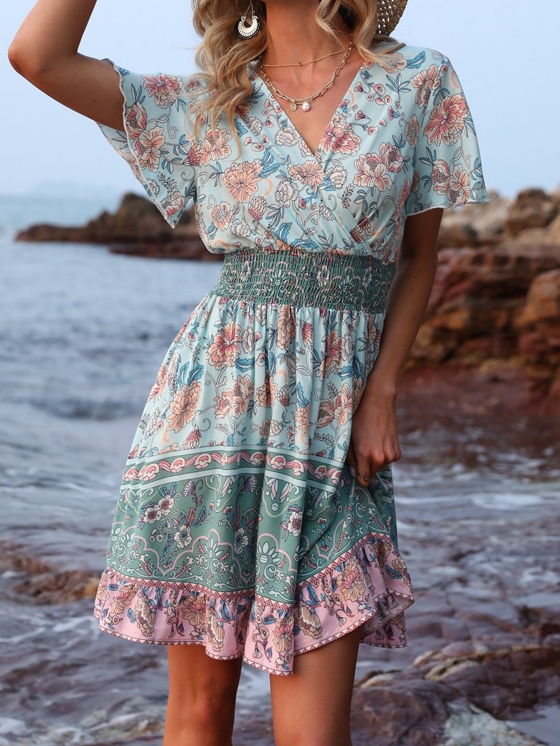 V Neck Short Sleeve Boho Print Dress