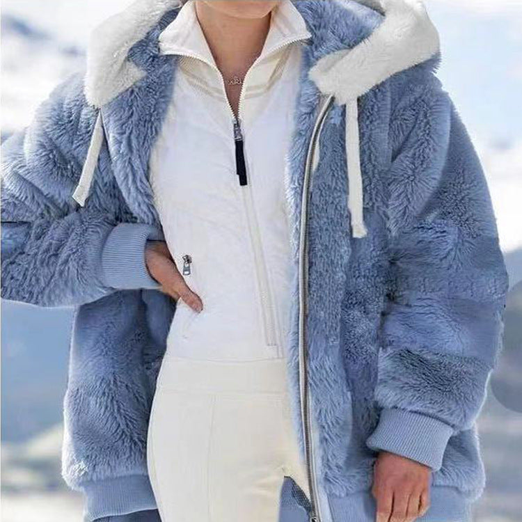 Hooded Zip Front Colorblock Patchwork Fleece Sherpa Jacket