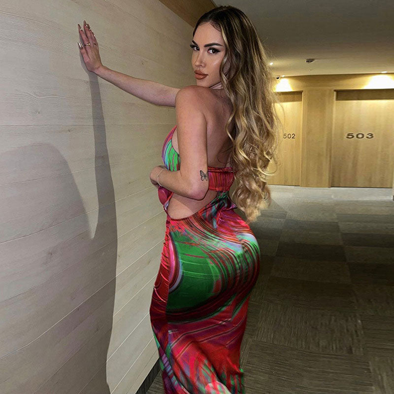 Red Halter Neck Abstract Print Twist Front Cutout Bodycon Maxi Dress