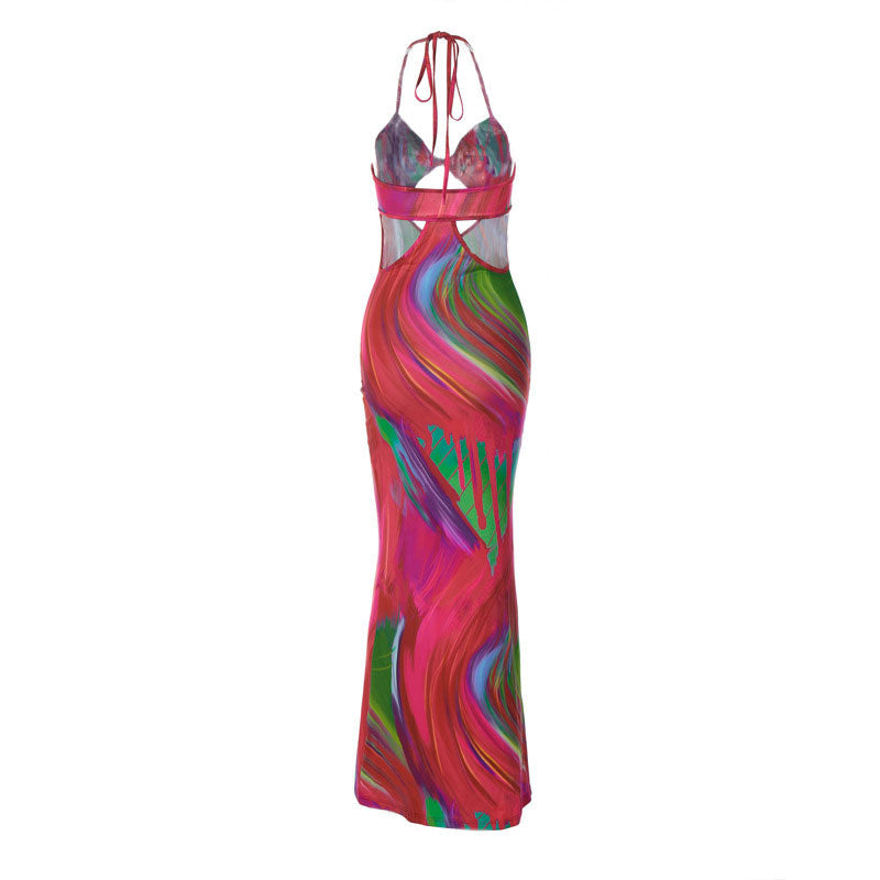 Red Halter Neck Abstract Print Twist Front Cutout Bodycon Maxi Dress