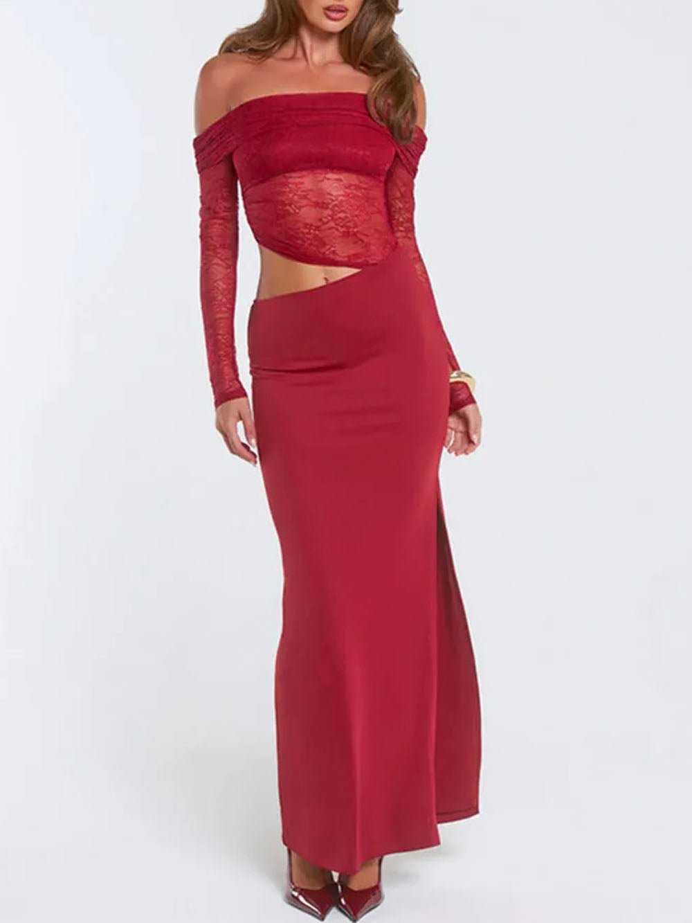 Valentina Lace Off Shoulder Maxi Dress Crimson Wine
