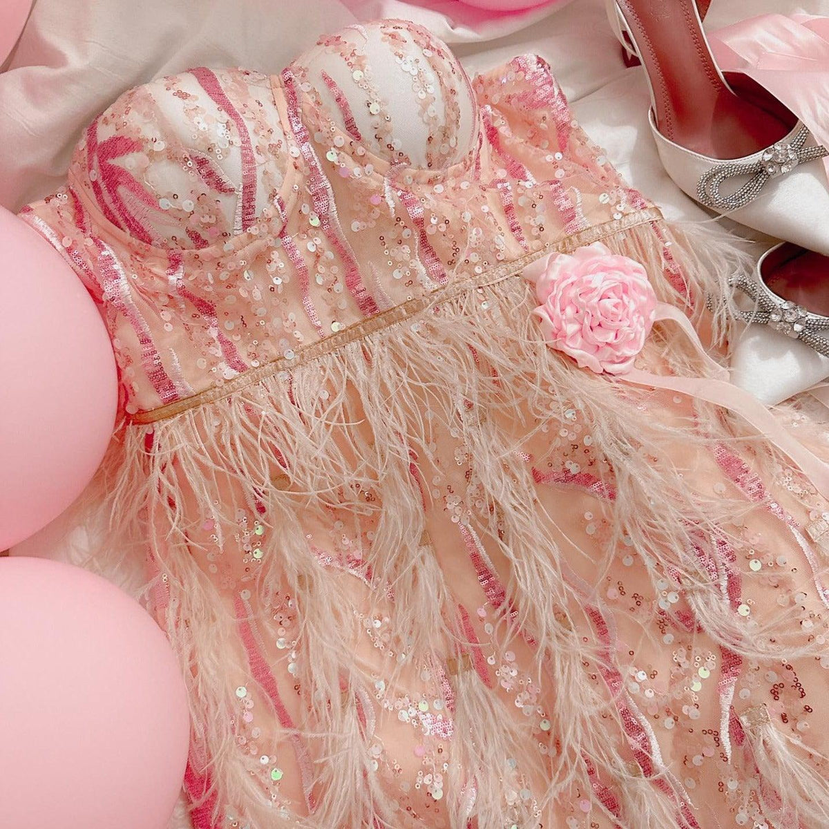 Pink Strapless Sweetheart Sequin Corset Feather Fringe Mini Dress