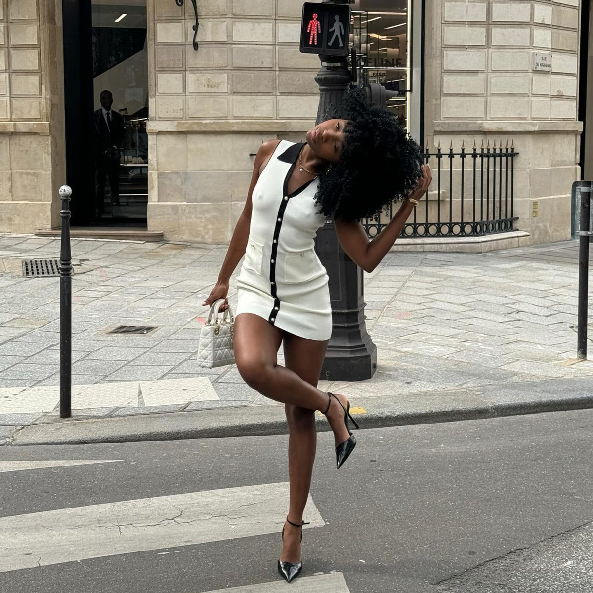 White Collared Contrast Trim Pearl Button Sleeveless Knit Mini Dress