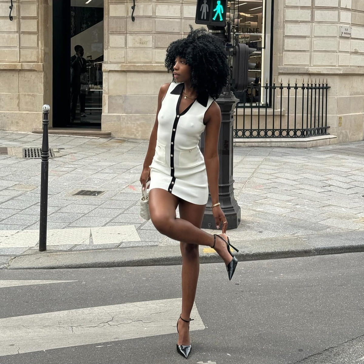 White Collared Contrast Trim Pearl Button Sleeveless Knit Mini Dress
