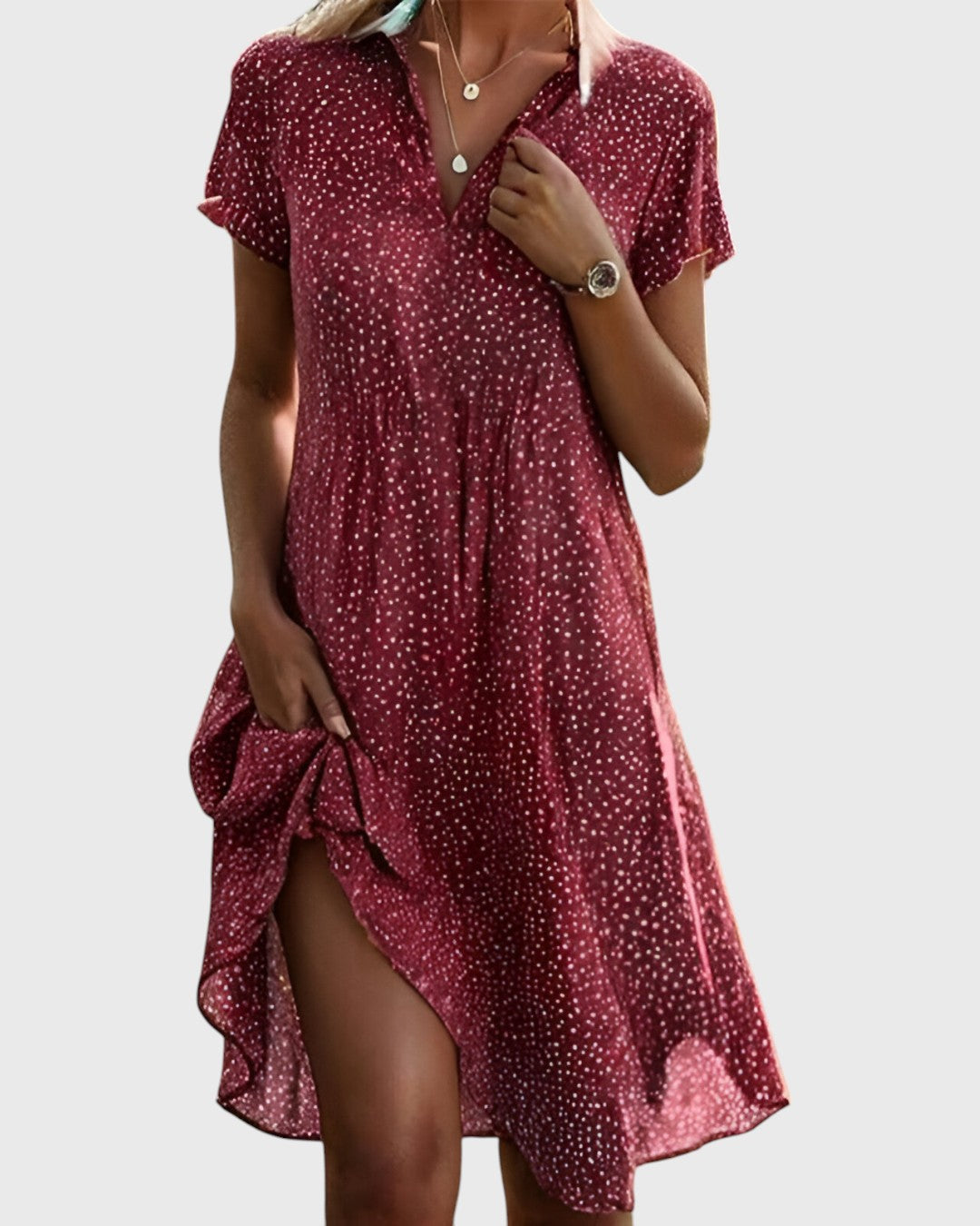 Collared V-Neck Short Sleeve Speckled Print Shift Midi Dress 3