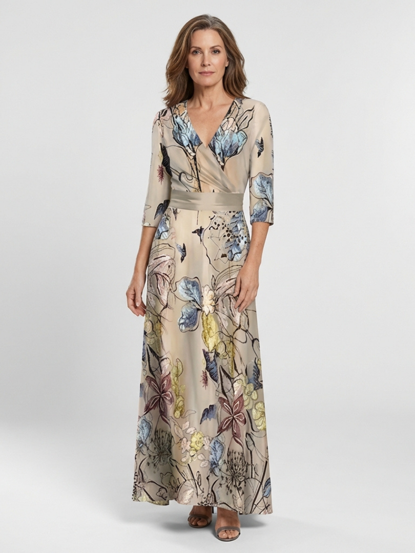 Floral Surplice V-Neck Floral Three Quarter Sleeve Wrap Maxi Dress