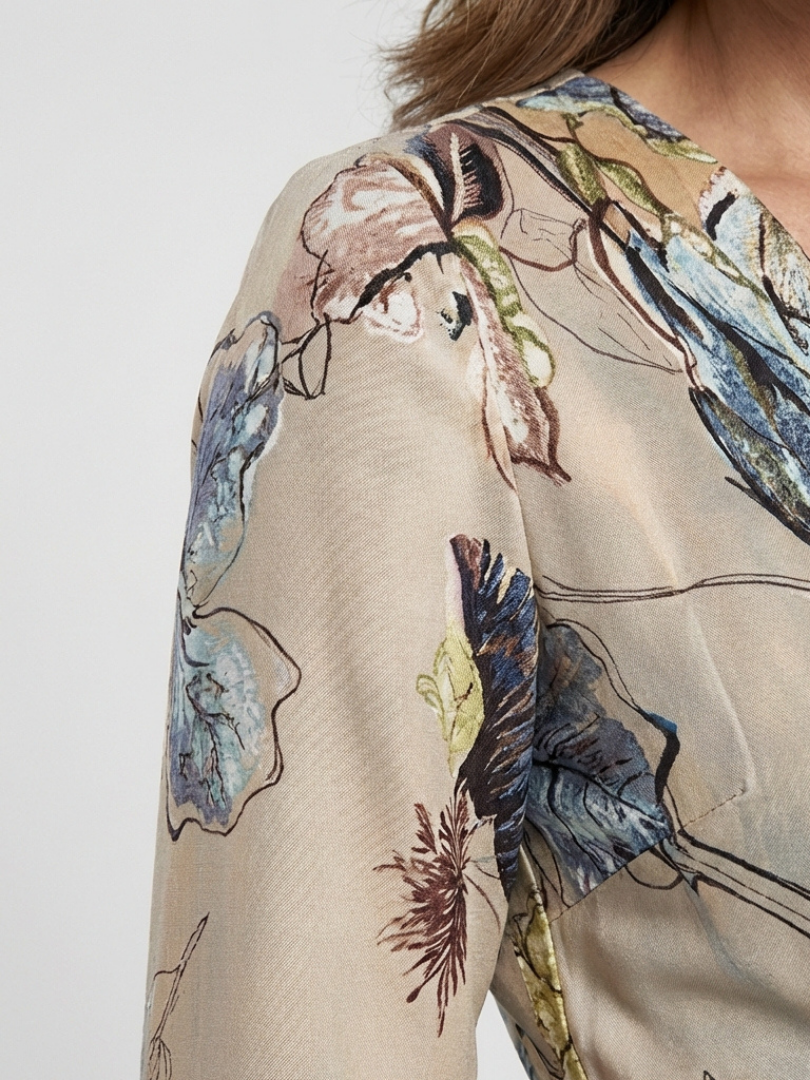 Floral Surplice V-Neck Floral Three Quarter Sleeve Wrap Maxi Dress