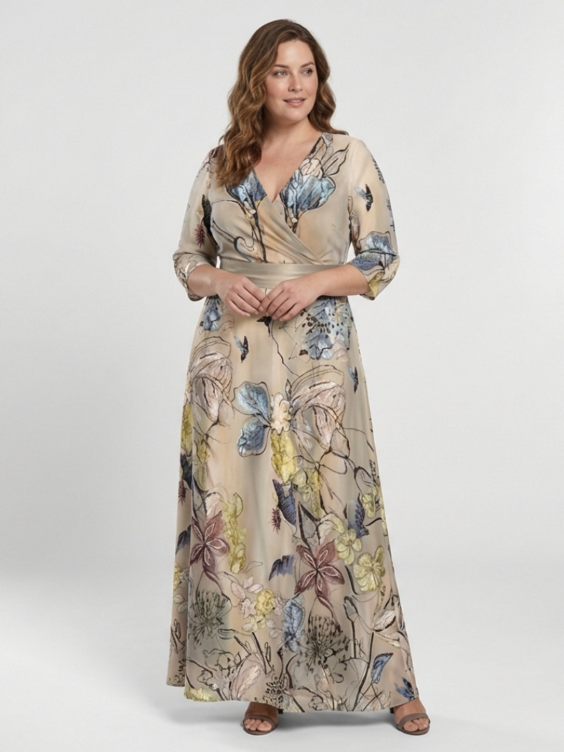 Floral Surplice V-Neck Floral Three Quarter Sleeve Wrap Maxi Dress