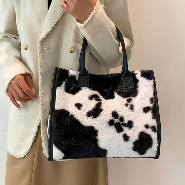 Leopard Faux Fur Leather Trim Tote Bag