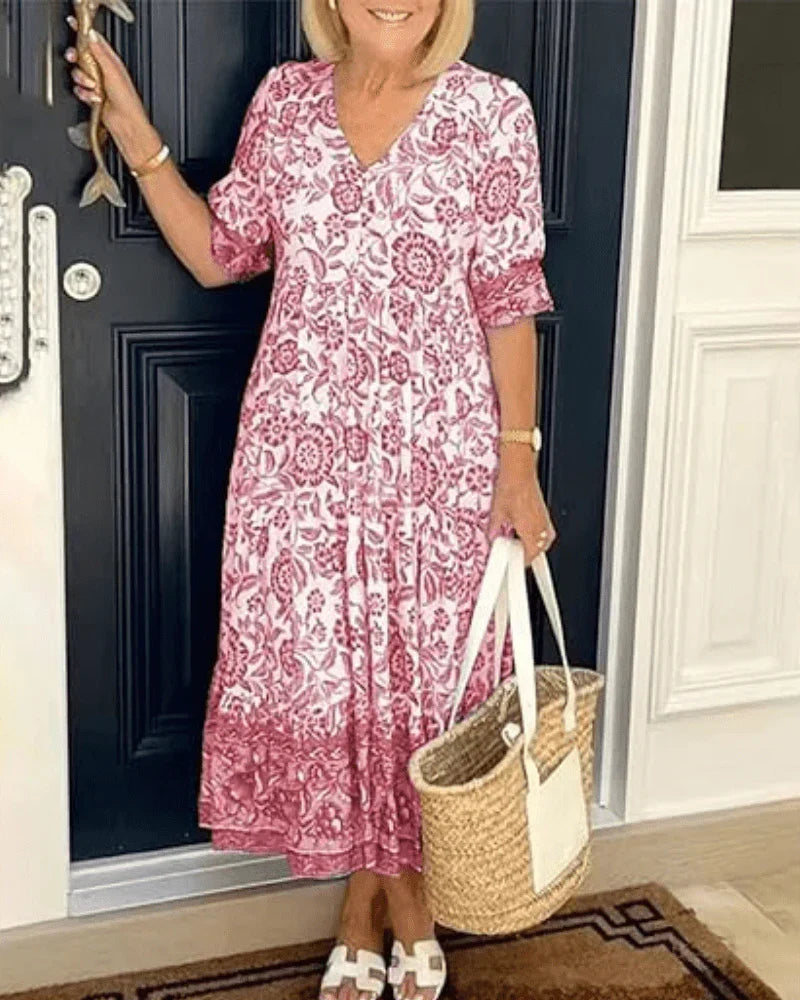 V-Neck Floral Short Sleeve Tiered Ruffle Hem Maxi Dress 2