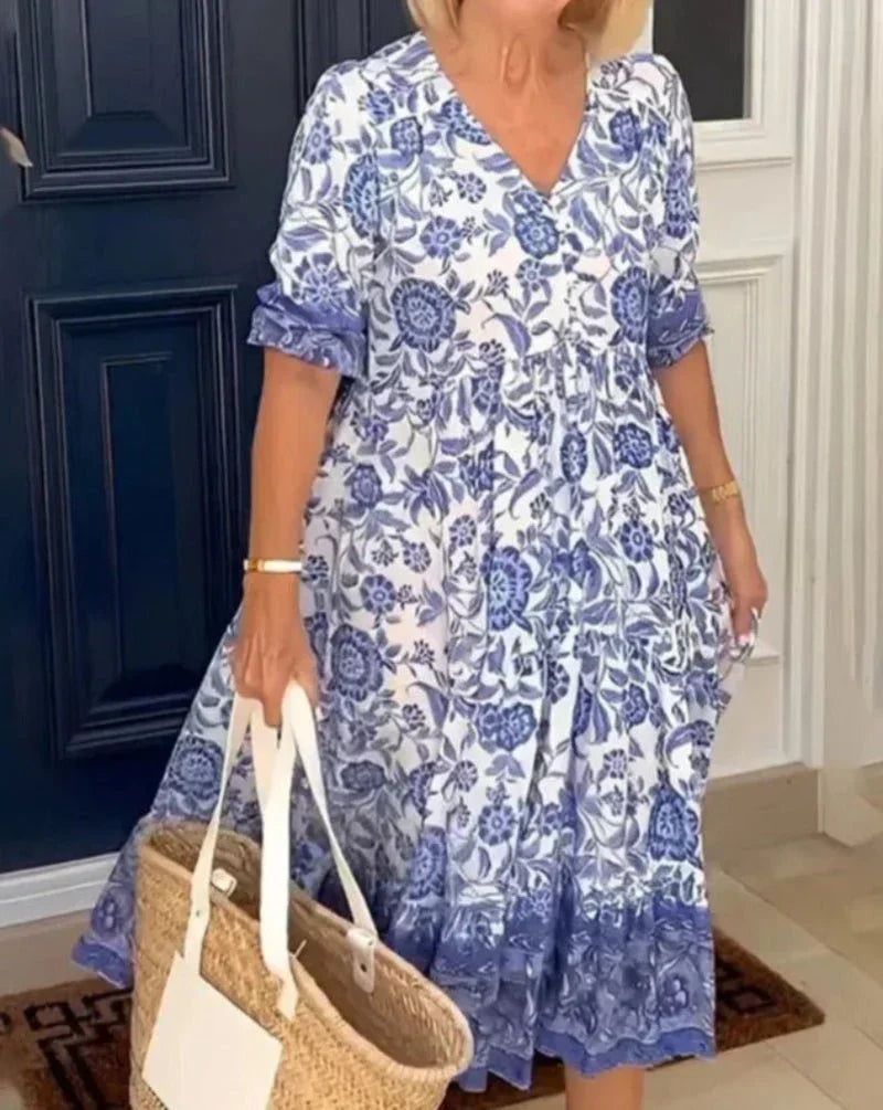 V-Neck Floral Short Sleeve Tiered Ruffle Hem Maxi Dress 7
