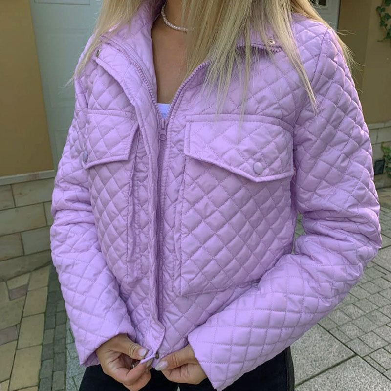 Purple Collar Flap Pocket Long Sleeve Diamond Quilted Jacket