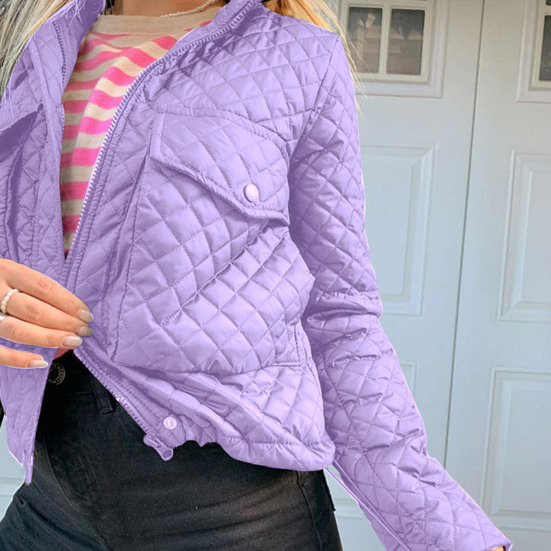 Purple Collar Flap Pocket Long Sleeve Diamond Quilted Jacket