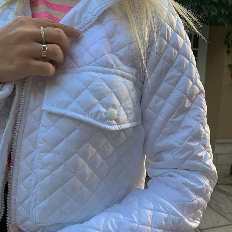 White Collar Flap Pocket Long Sleeve Diamond Quilted Jacket