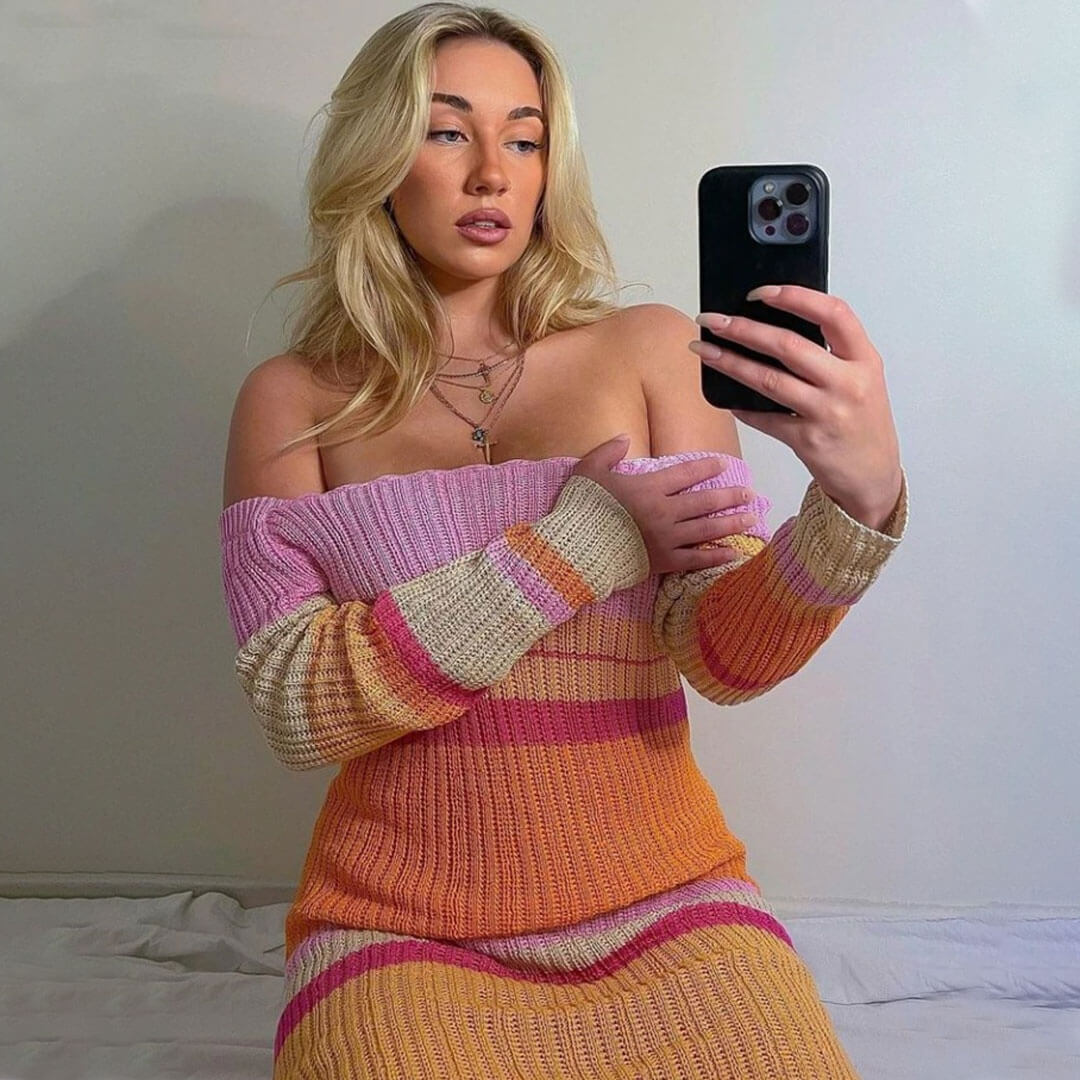 Multicolor Square Neck Long Sleeve Striped Rib Knit Bodycon Maxi Dress