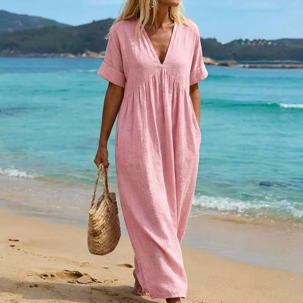 V-Neck Short Sleeve Linen Empire Waist Flowy Maxi Dress