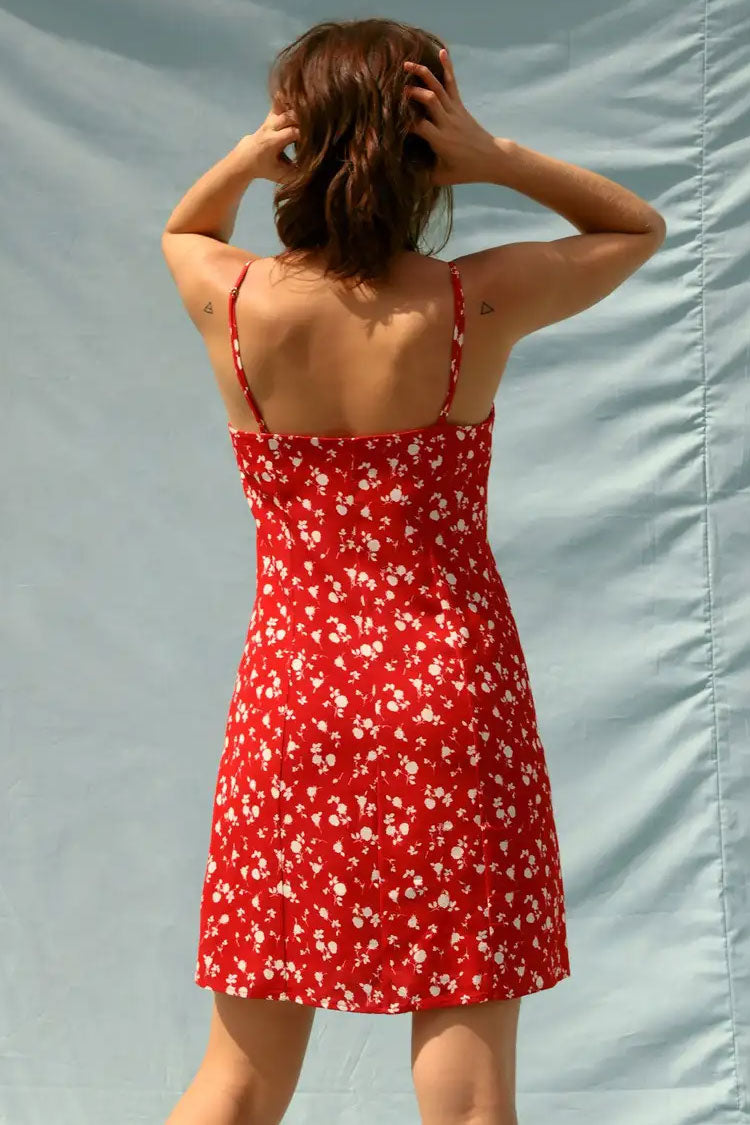 Red V-Neck Ditsy Floral Button Up Spaghetti Strap Slip Mini Dress