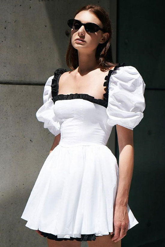 Contrast Ruffle Trim Square Neck Puff Sleeve Fit and Flare Mini Dress 2