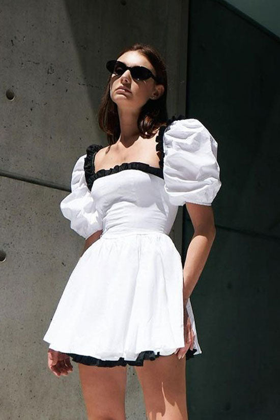 Contrast Ruffle Trim Square Neck Puff Sleeve Fit and Flare Mini Dress 3