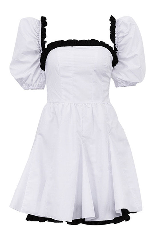 Contrast Ruffle Trim Square Neck Puff Sleeve Fit and Flare Mini Dress 4