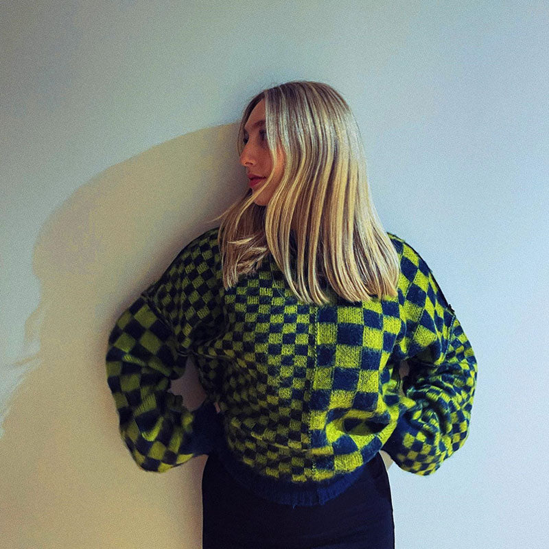 Green Mock Neck Checkerboard Pattern Long Sleeve Knit Cropped Sweater