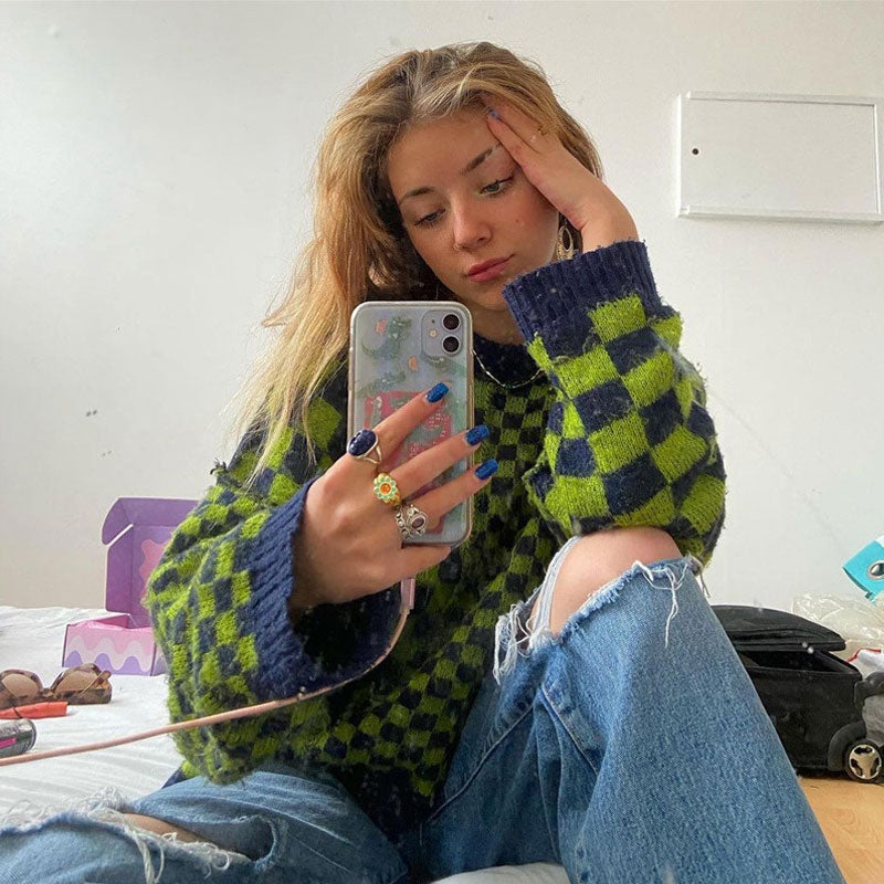 Green Mock Neck Checkerboard Pattern Long Sleeve Knit Cropped Sweater