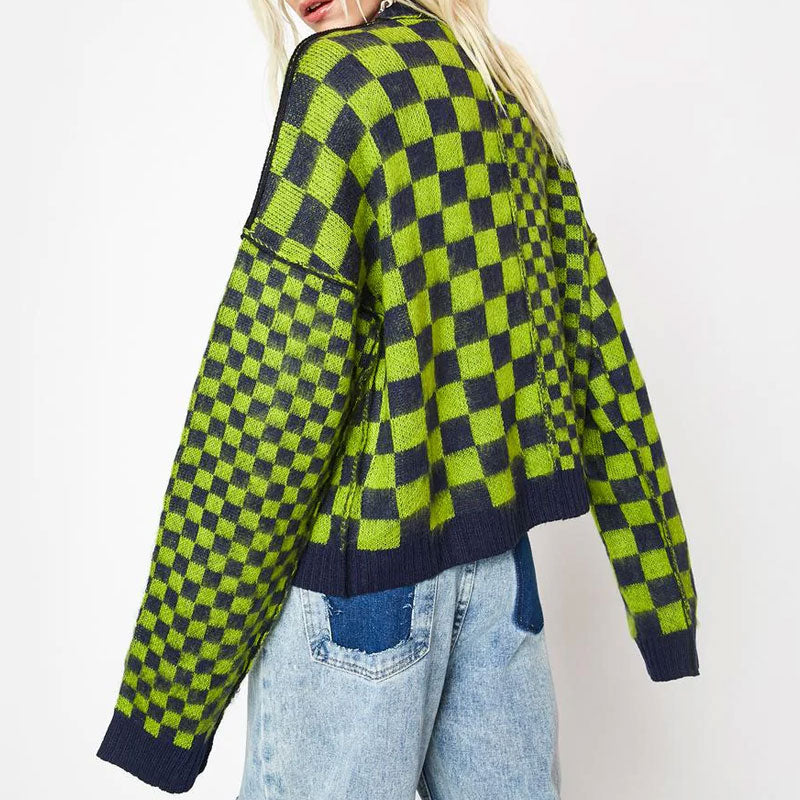 Green Mock Neck Checkerboard Pattern Long Sleeve Knit Cropped Sweater