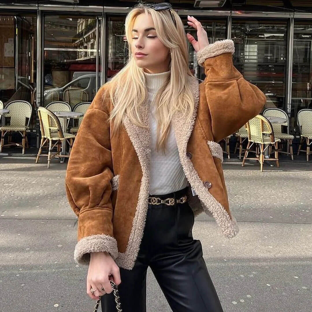 Brown Collared Button Front Long Sleeve Faux Suede Shearling Jacket