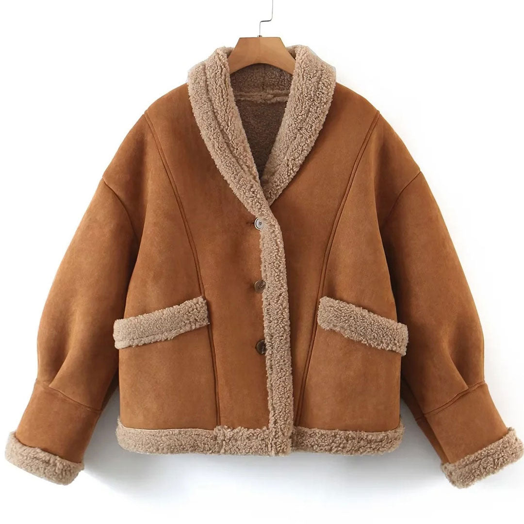 Brown Collared Button Front Long Sleeve Faux Suede Shearling Jacket