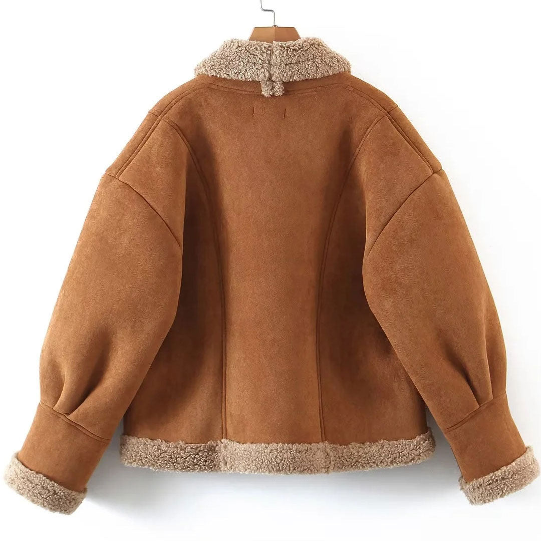 Brown Collared Button Front Long Sleeve Faux Suede Shearling Jacket